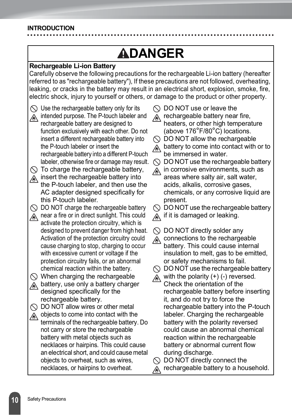 Danger | Brother PT-H500 User Manual | Page 10 / 41