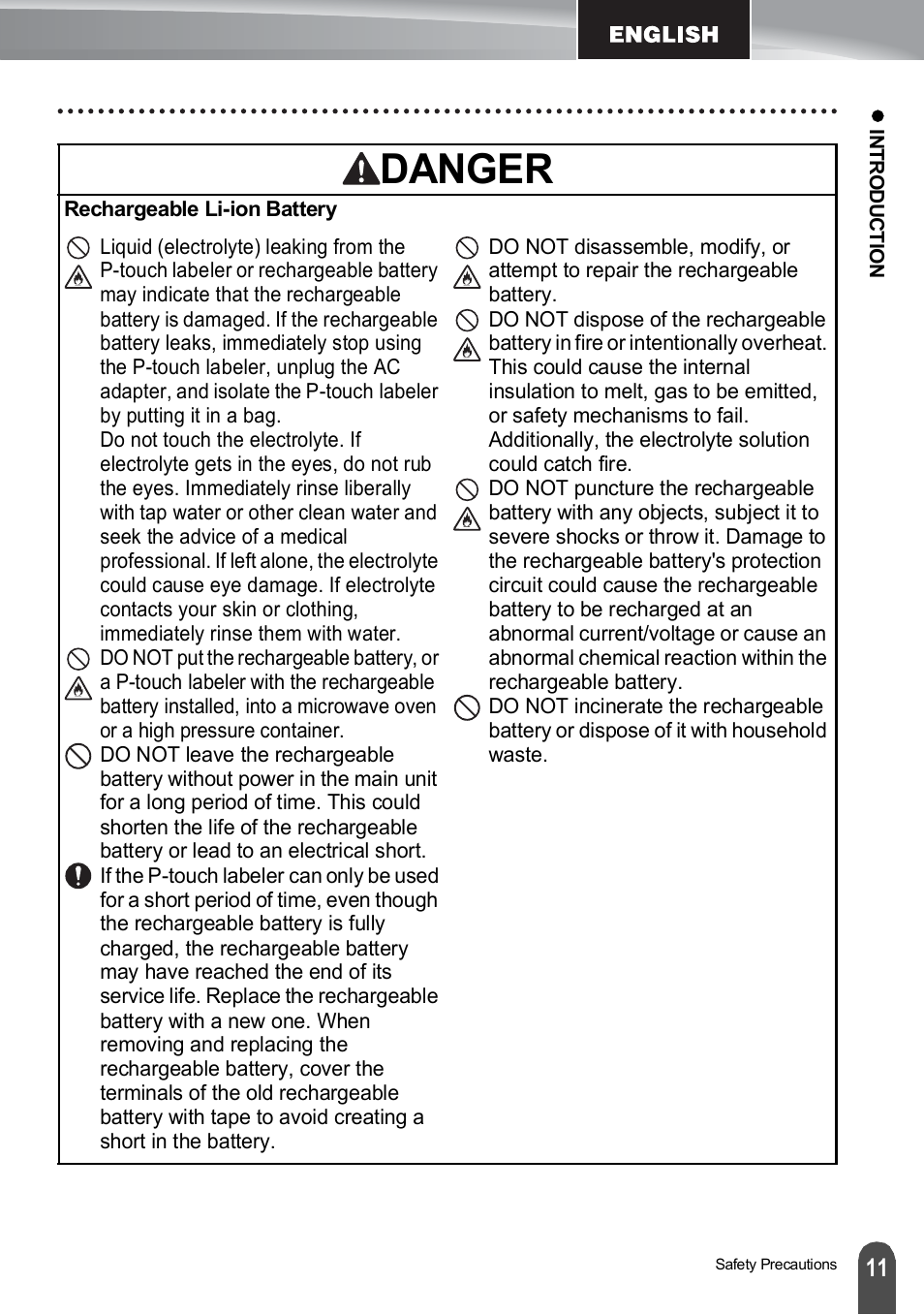 Danger | Brother PT-H500 User Manual | Page 11 / 41