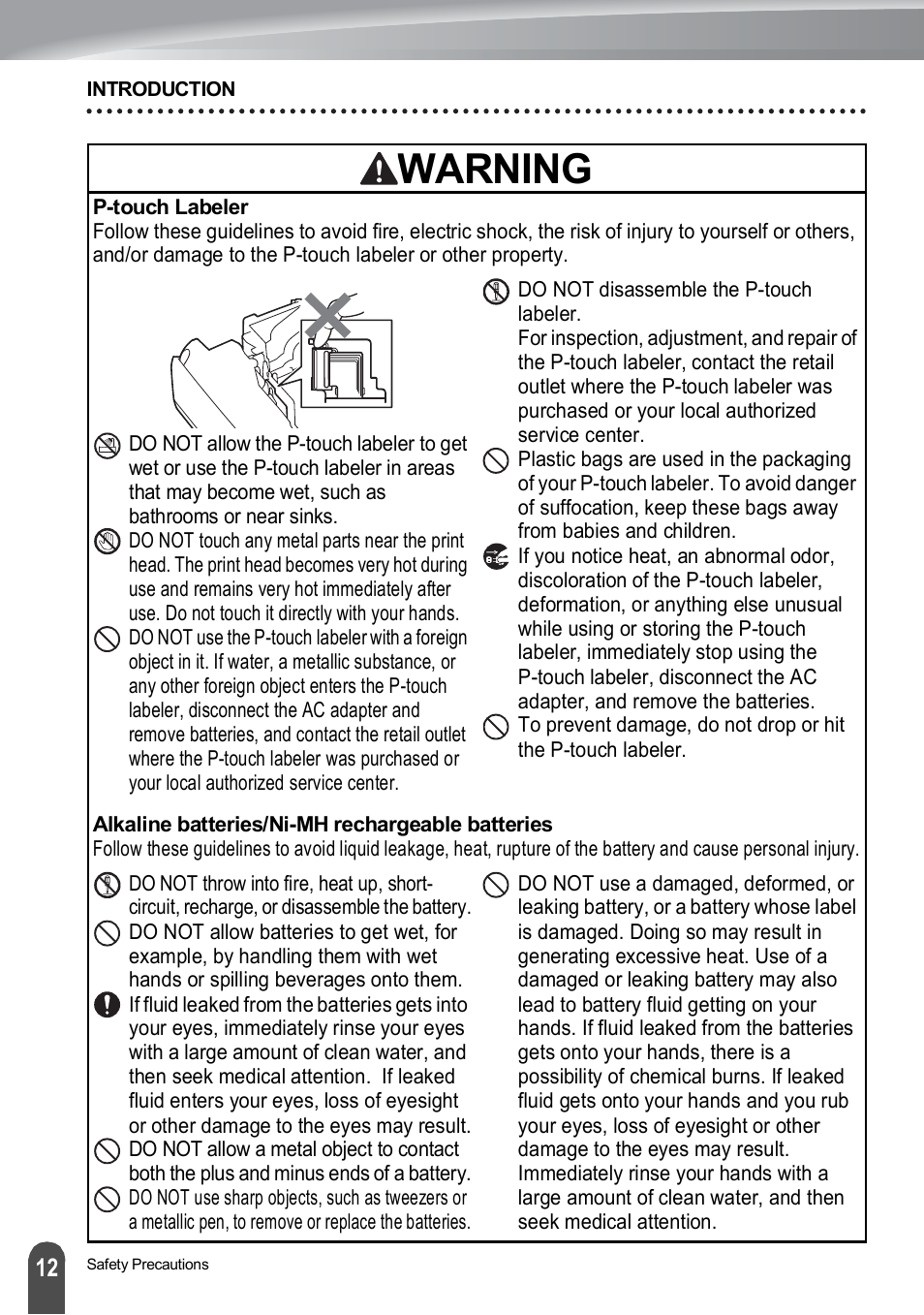 Warning | Brother PT-H500 User Manual | Page 12 / 41