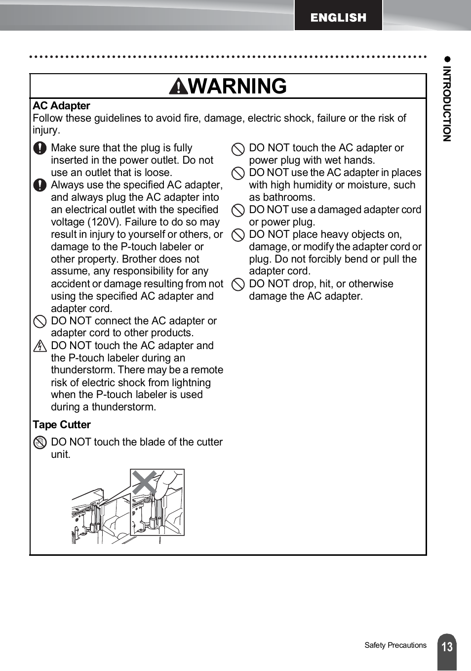 Warning | Brother PT-H500 User Manual | Page 13 / 41