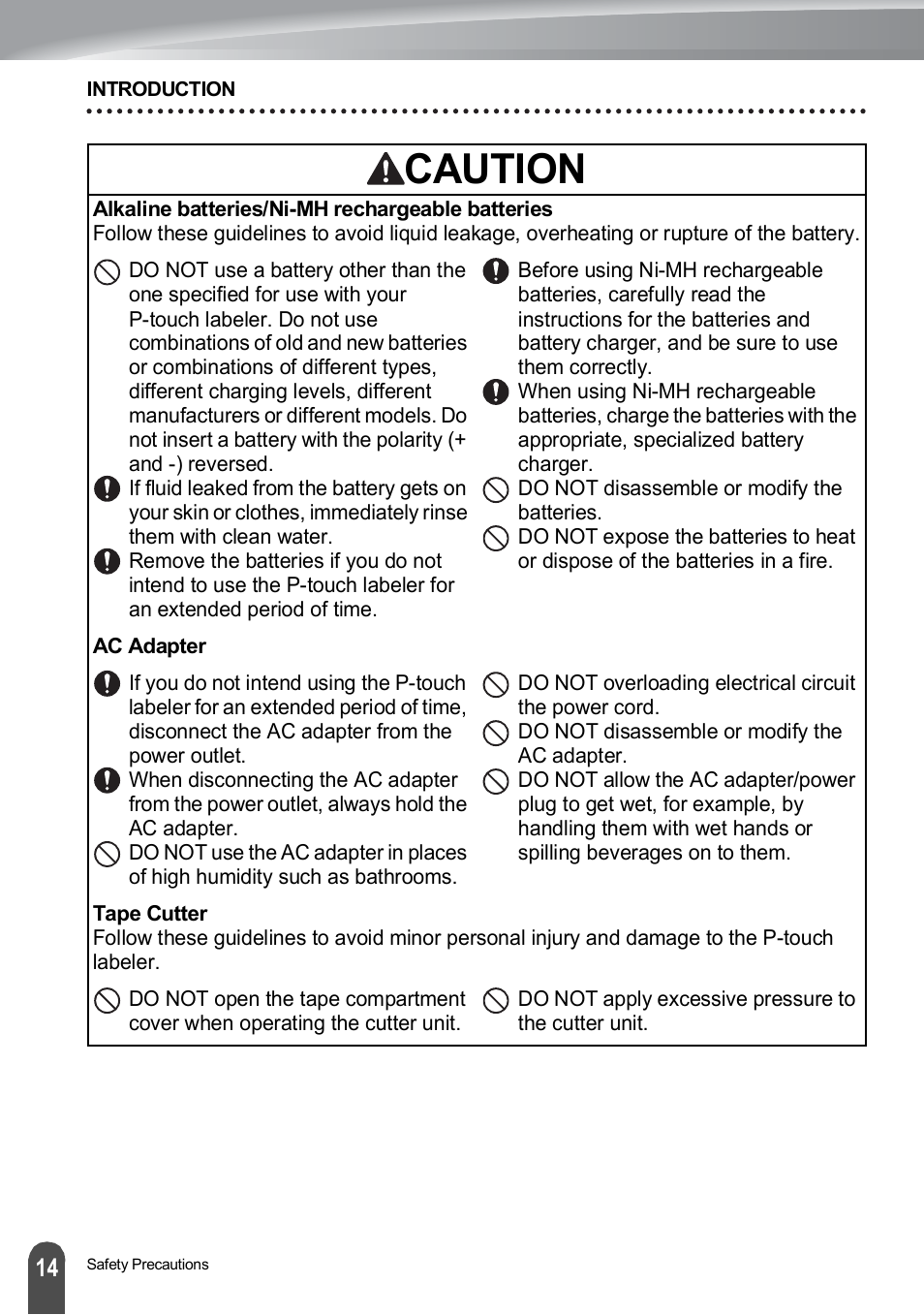 Caution | Brother PT-H500 User Manual | Page 14 / 41