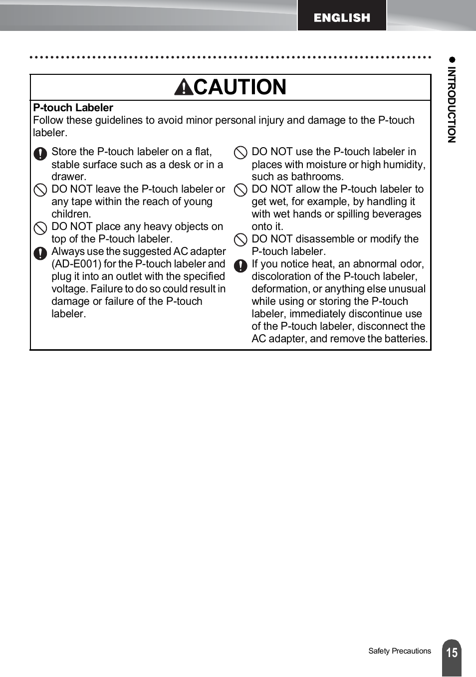 Caution | Brother PT-H500 User Manual | Page 15 / 41