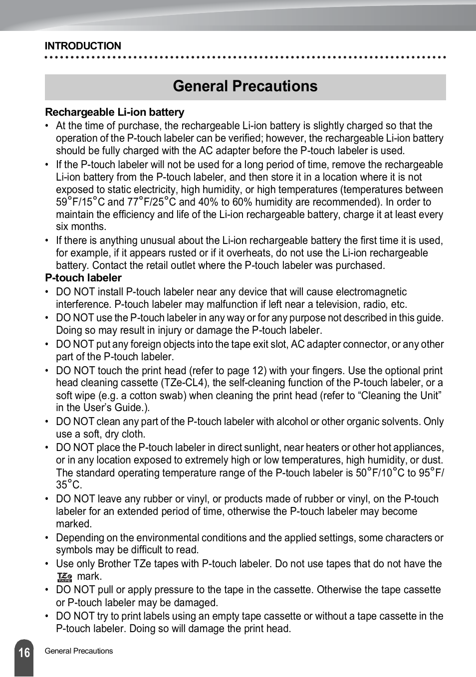 General precautions | Brother PT-H500 User Manual | Page 16 / 41