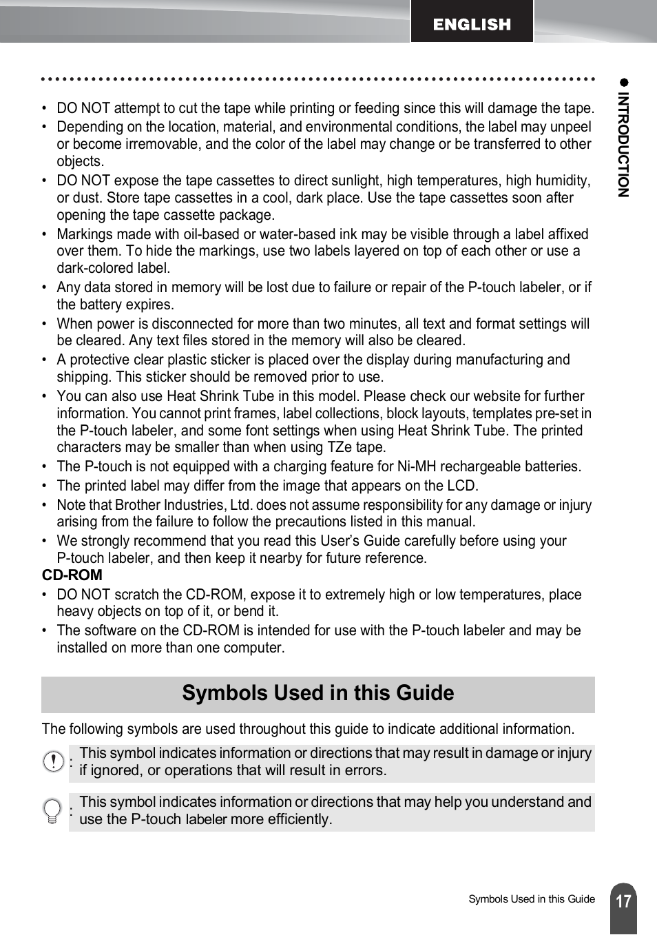 Symbols used in this guide | Brother PT-H500 User Manual | Page 17 / 41