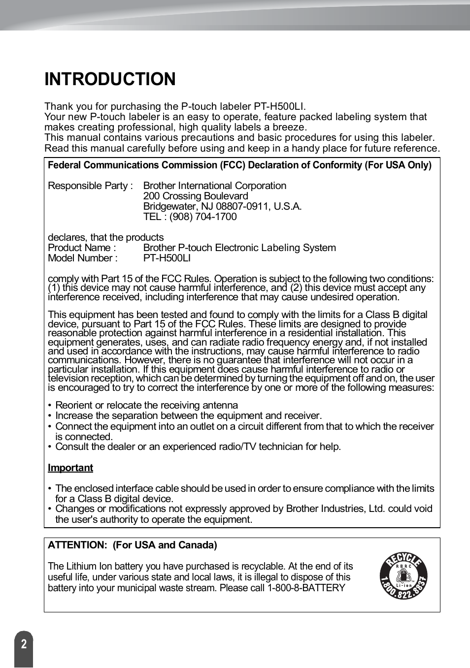 Introduction | Brother PT-H500 User Manual | Page 2 / 41