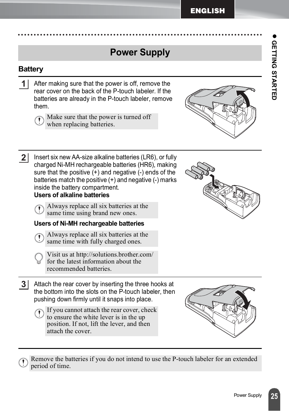 Power supply, Battery | Brother PT-H500 User Manual | Page 25 / 41