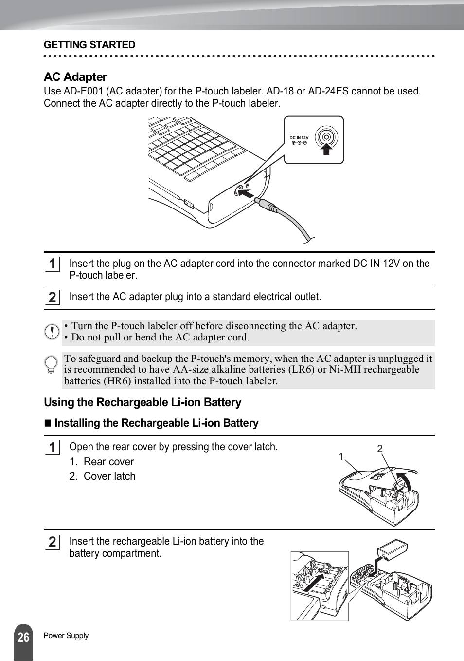 Ac adapter, Using the rechargeable li-ion battery, Ac adapter using the rechargeable li-ion battery | Brother PT-H500 User Manual | Page 26 / 41