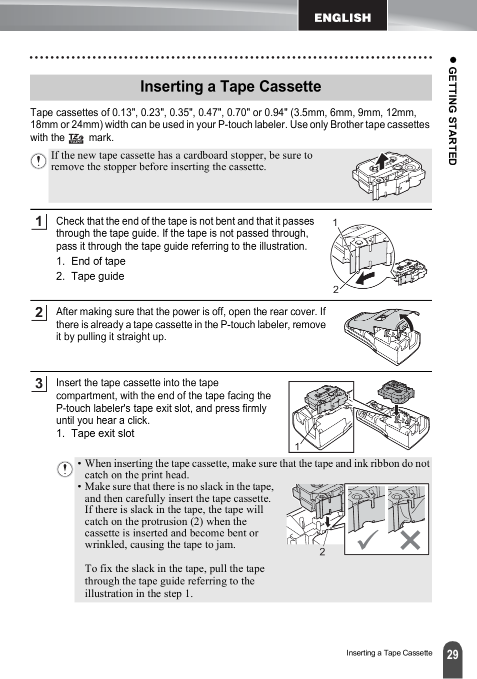 Inserting a tape cassette | Brother PT-H500 User Manual | Page 29 / 41