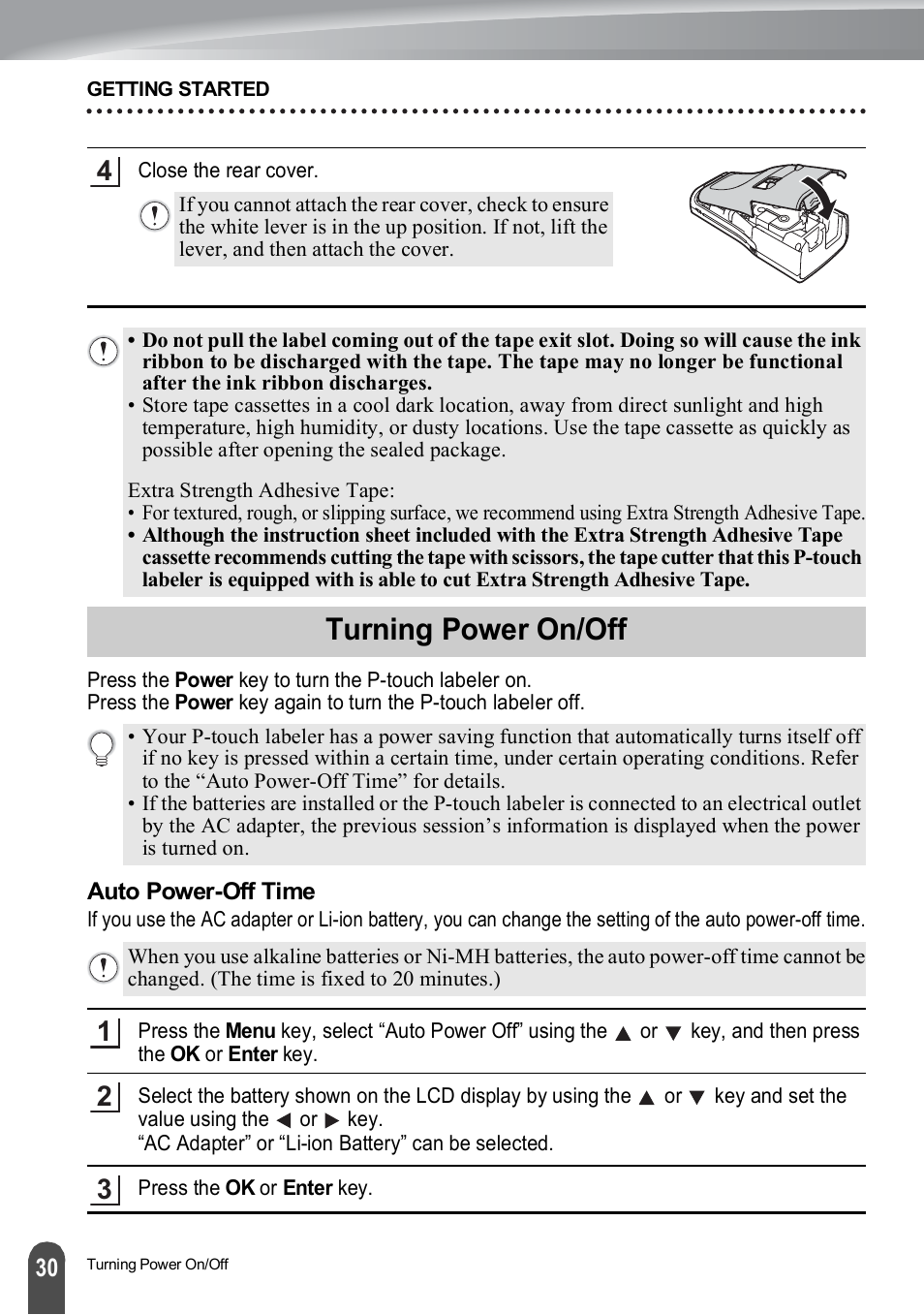 Turning power on/off, Auto power-off time | Brother PT-H500 User Manual | Page 30 / 41