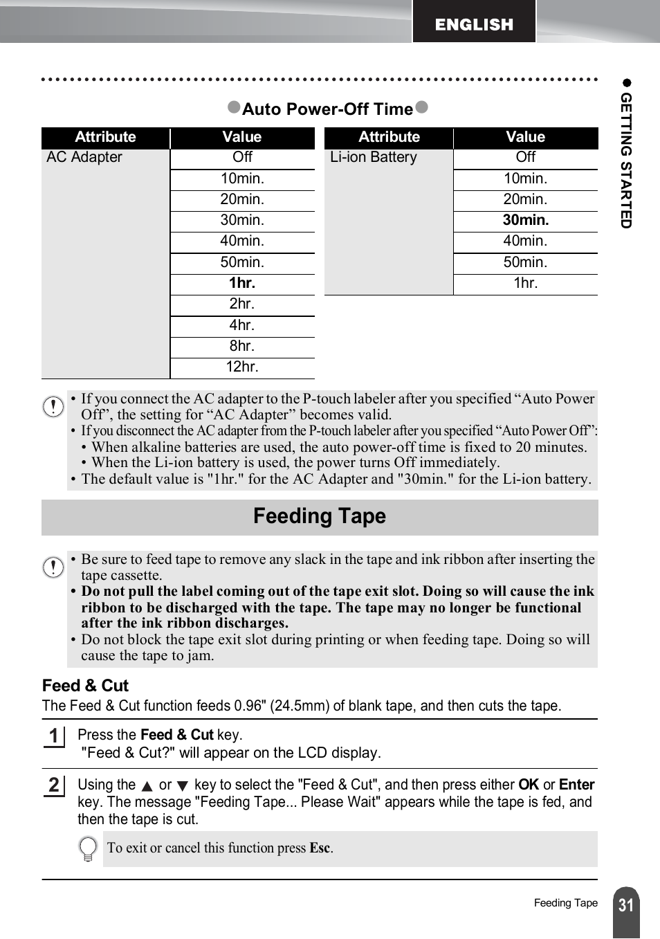 Feeding tape, Feed & cut | Brother PT-H500 User Manual | Page 31 / 41