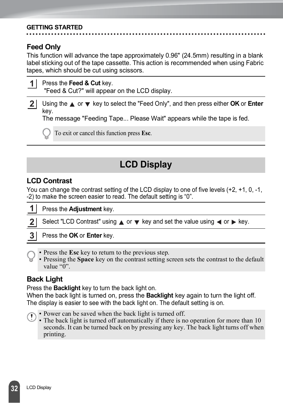 Feed only, Lcd display, Lcd contrast | Back light, Lcd contrast back light | Brother PT-H500 User Manual | Page 32 / 41