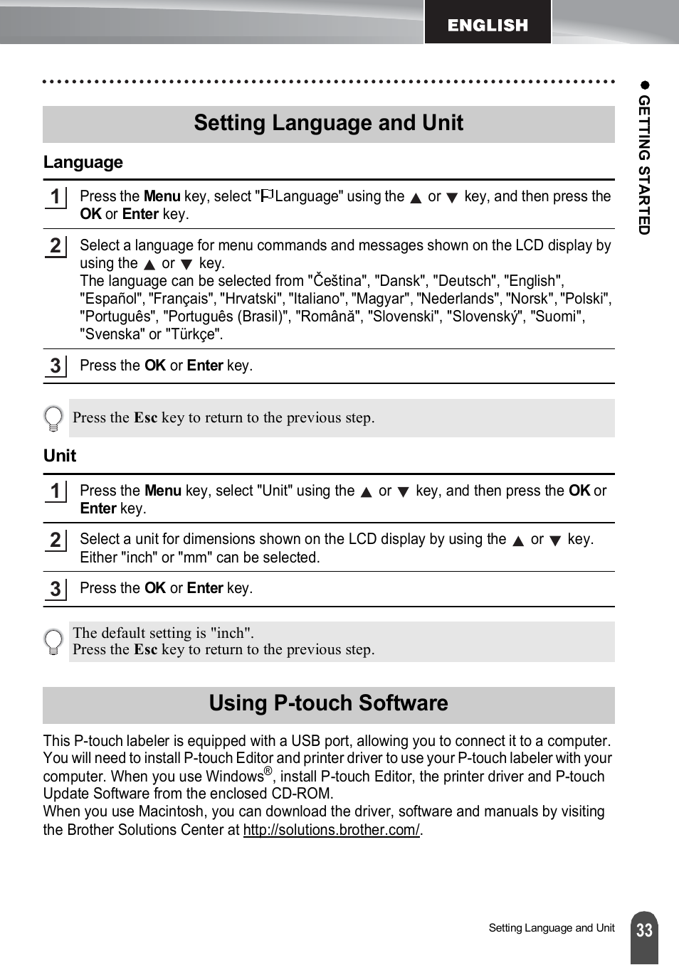 Setting language and unit, Language, Unit | Using p-touch software, Language unit | Brother PT-H500 User Manual | Page 33 / 41