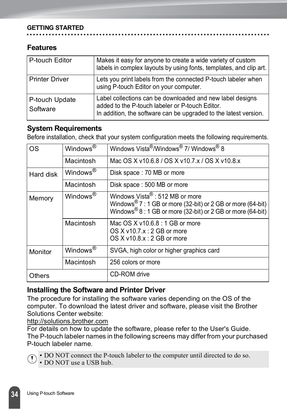 Features, System requirements, Installing the software and printer driver | Brother PT-H500 User Manual | Page 34 / 41