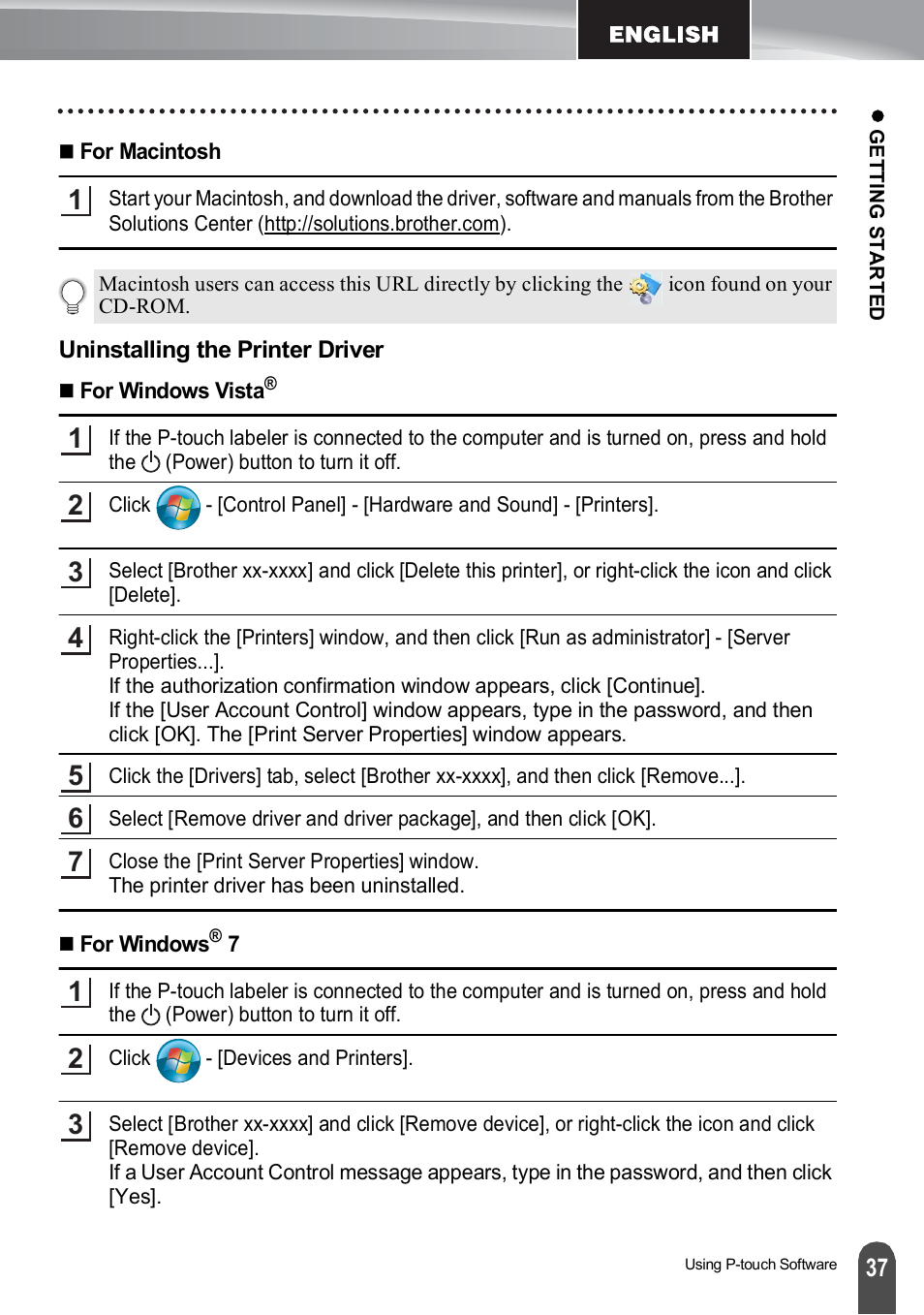 Uninstalling the printer driver | Brother PT-H500 User Manual | Page 37 / 41