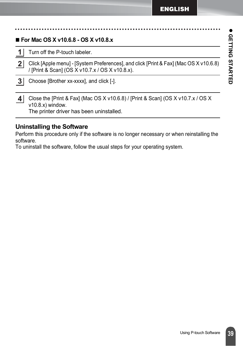 Uninstalling the software | Brother PT-H500 User Manual | Page 39 / 41