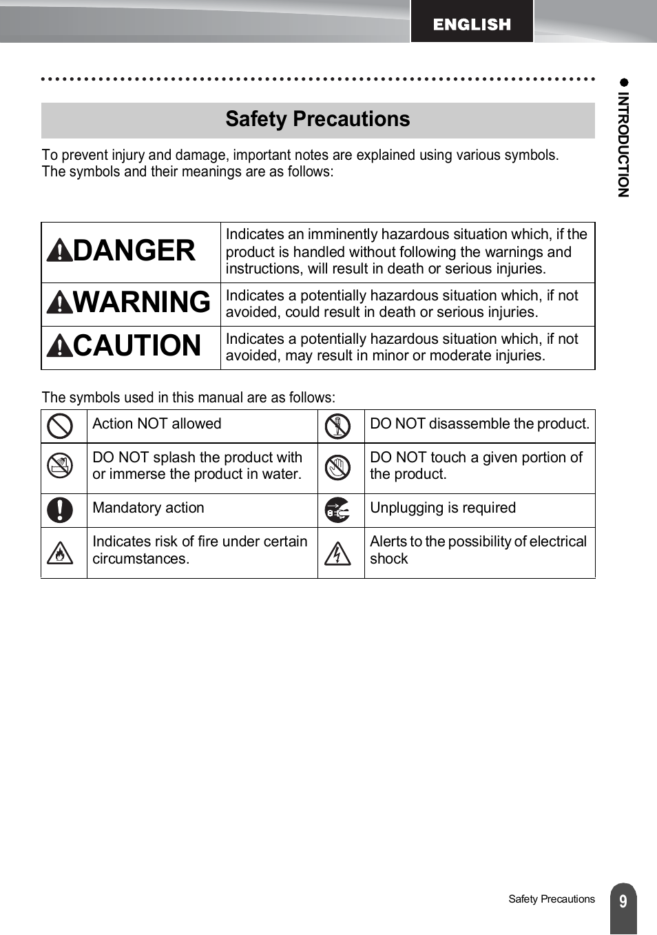 Safety precautions, Danger, Warning | Caution | Brother PT-H500 User Manual | Page 9 / 41