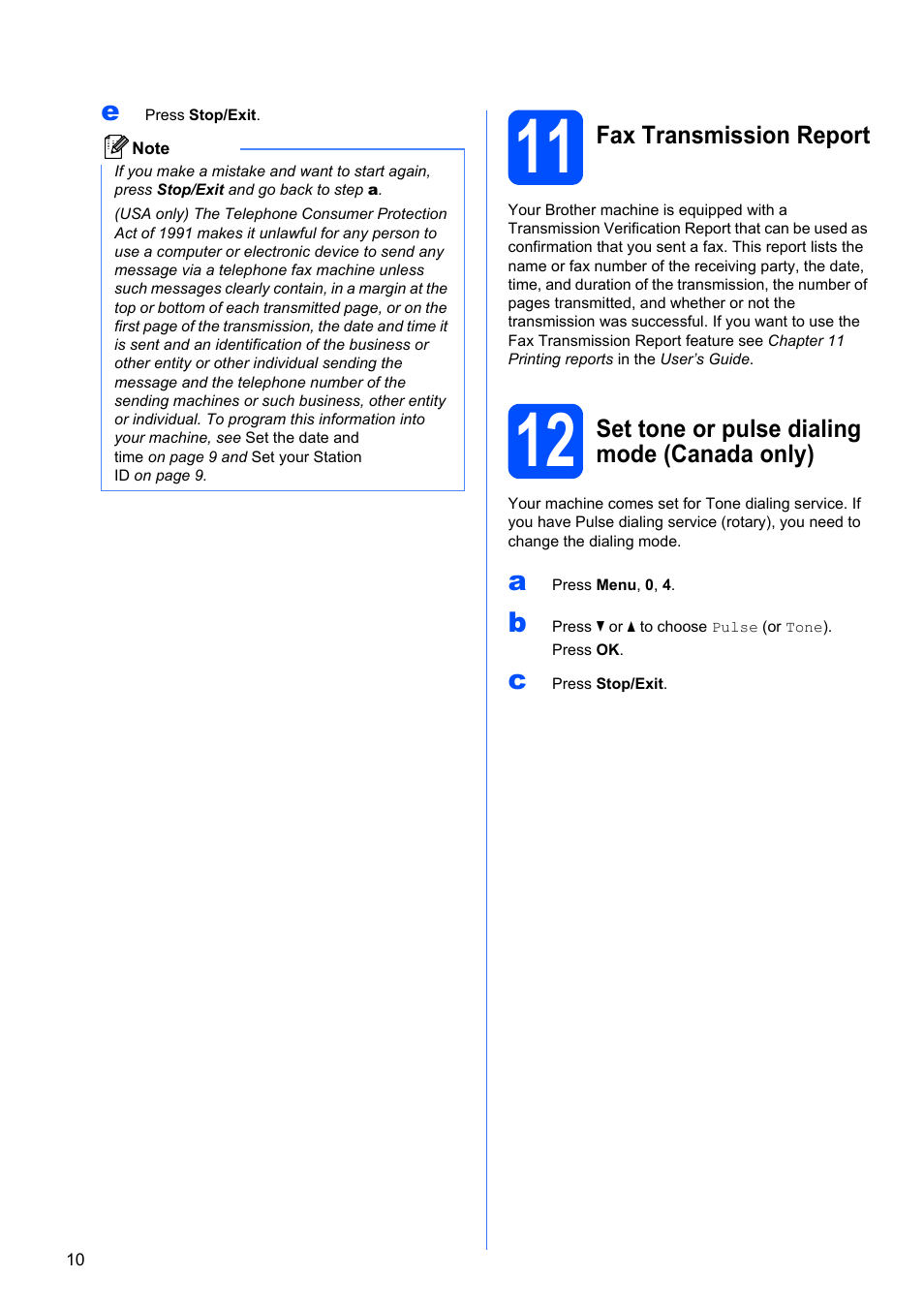 11 fax transmission report, 12 set tone or pulse dialing mode (canada only) | Brother MFC-9325CW User Manual | Page 10 / 47