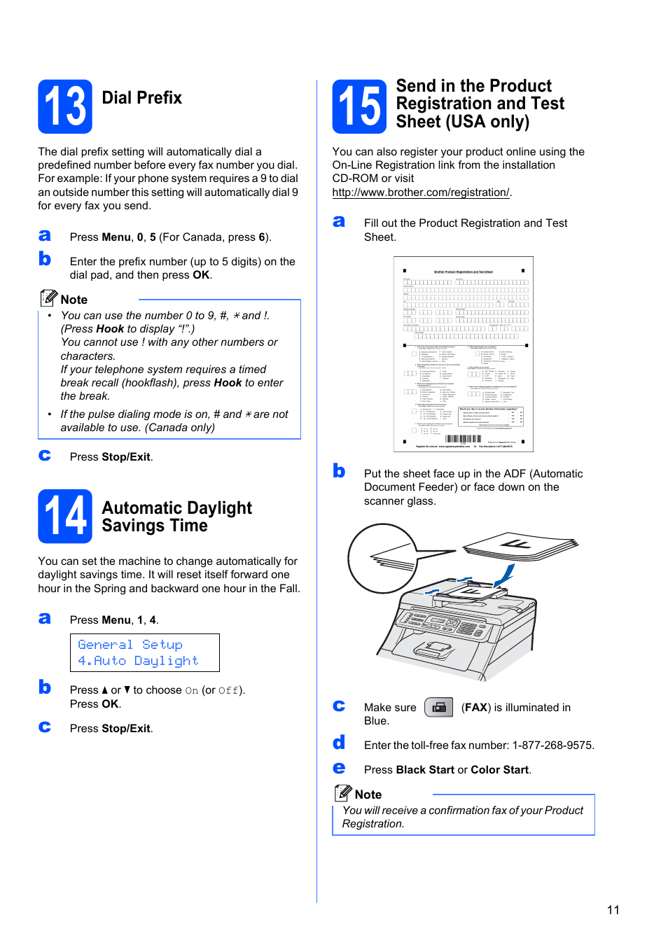 13 dial prefix, 14 automatic daylight savings time | Brother MFC-9325CW User Manual | Page 11 / 47