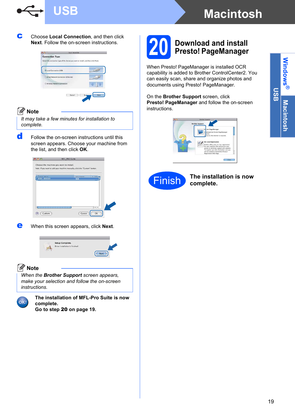 Macintosh usb, Finish | Brother MFC-9325CW User Manual | Page 19 / 47