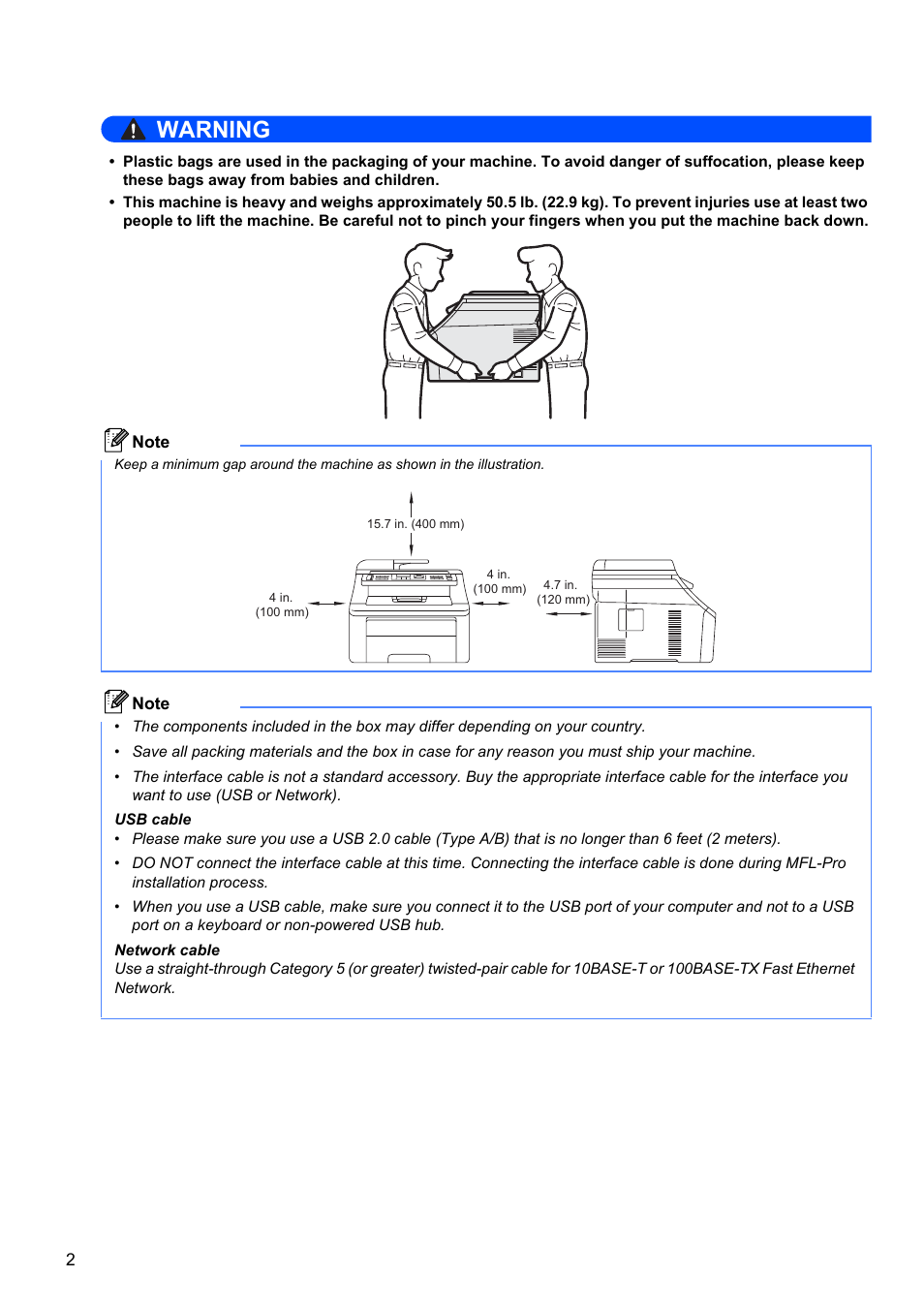 Warning | Brother MFC-9325CW User Manual | Page 2 / 47