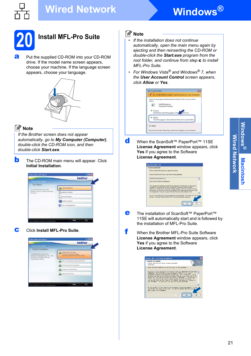 20 install mfl-pro suite, Windows, Wired network | Install mfl-pro suite | Brother MFC-9325CW User Manual | Page 21 / 47