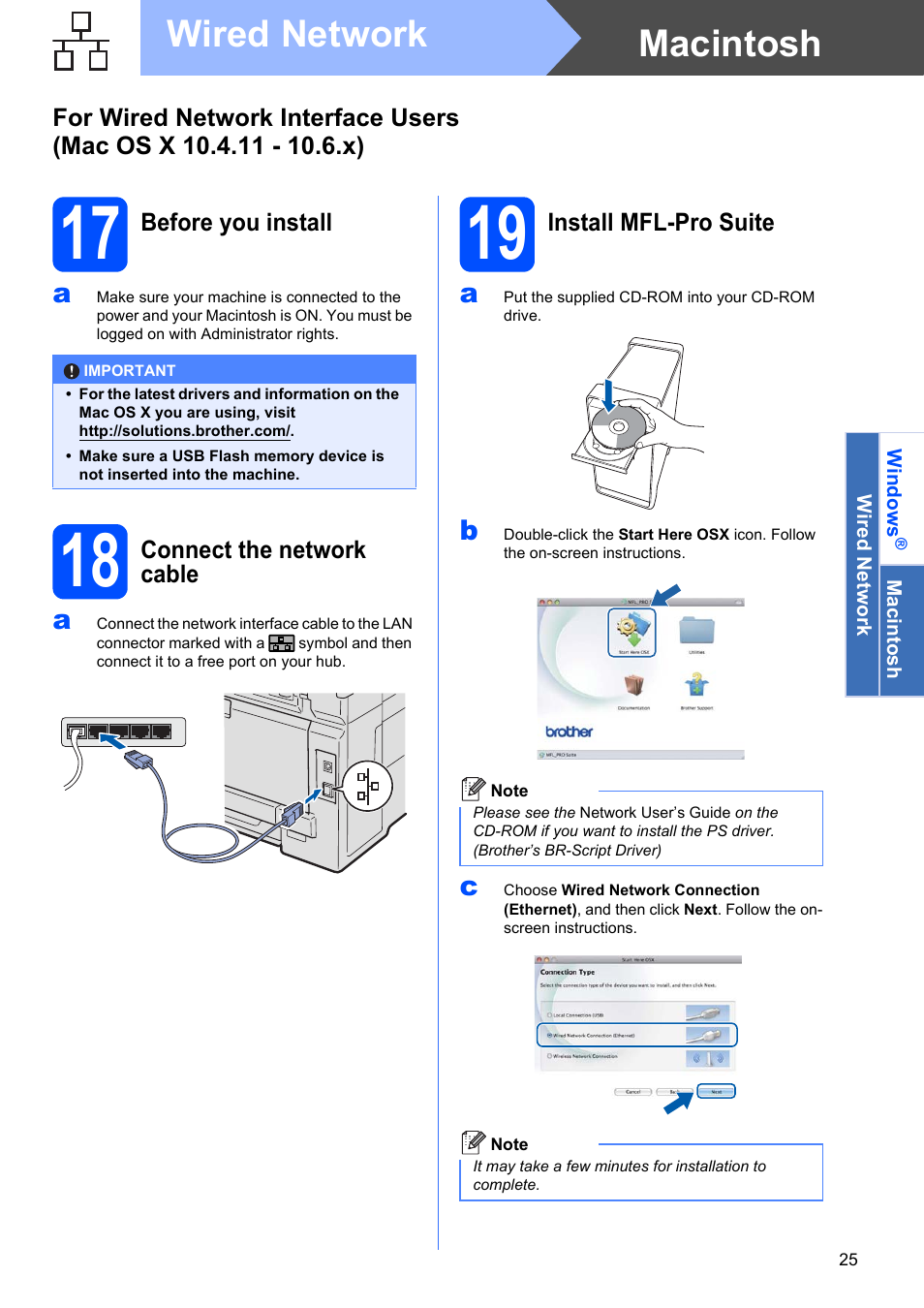 17 before you install, 18 connect the network cable, 19 install mfl-pro suite | Macintosh wired network | Brother MFC-9325CW User Manual | Page 25 / 47