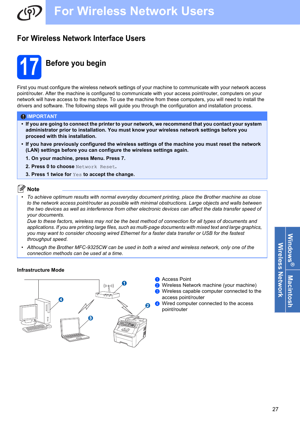 For wireless network interface users, 17 before you begin, For wireless network users | Before you begin | Brother MFC-9325CW User Manual | Page 27 / 47