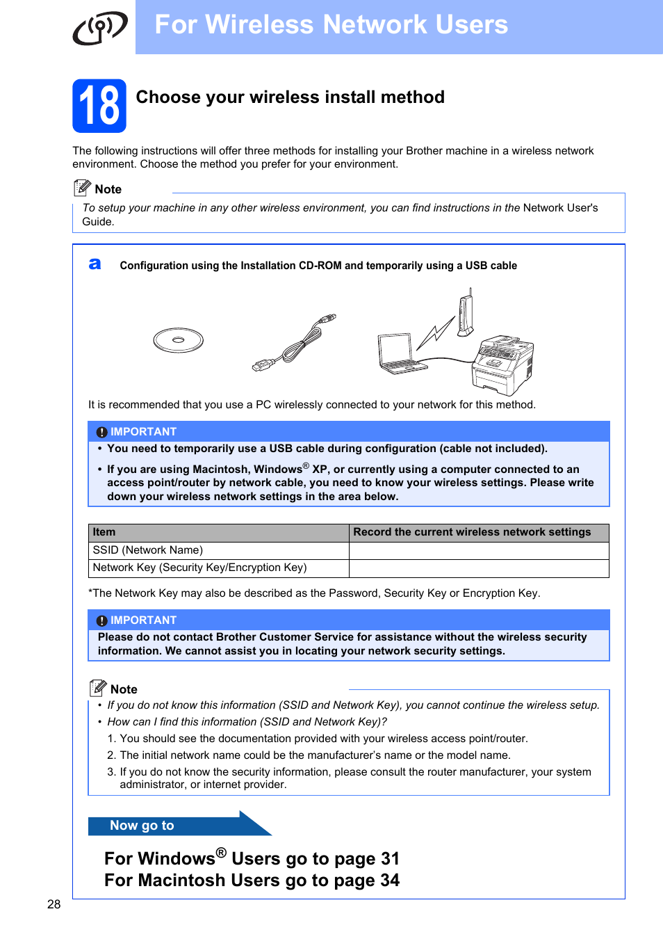 18 choose your wireless install method, For wireless network users, Choose your wireless install method | For windows | Brother MFC-9325CW User Manual | Page 28 / 47