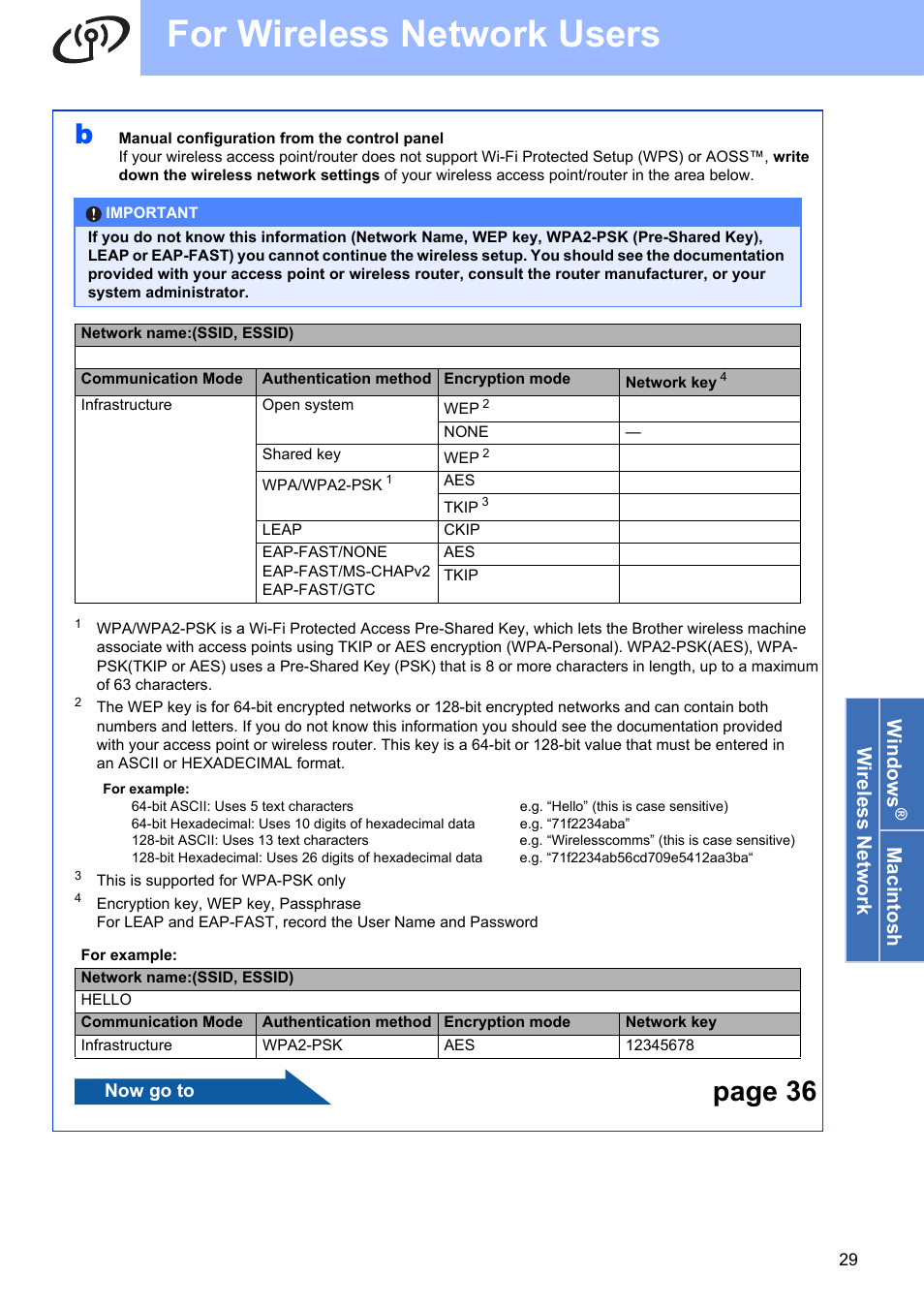 For wireless network users, Page 36, Wireless network windows | Macintosh | Brother MFC-9325CW User Manual | Page 29 / 47