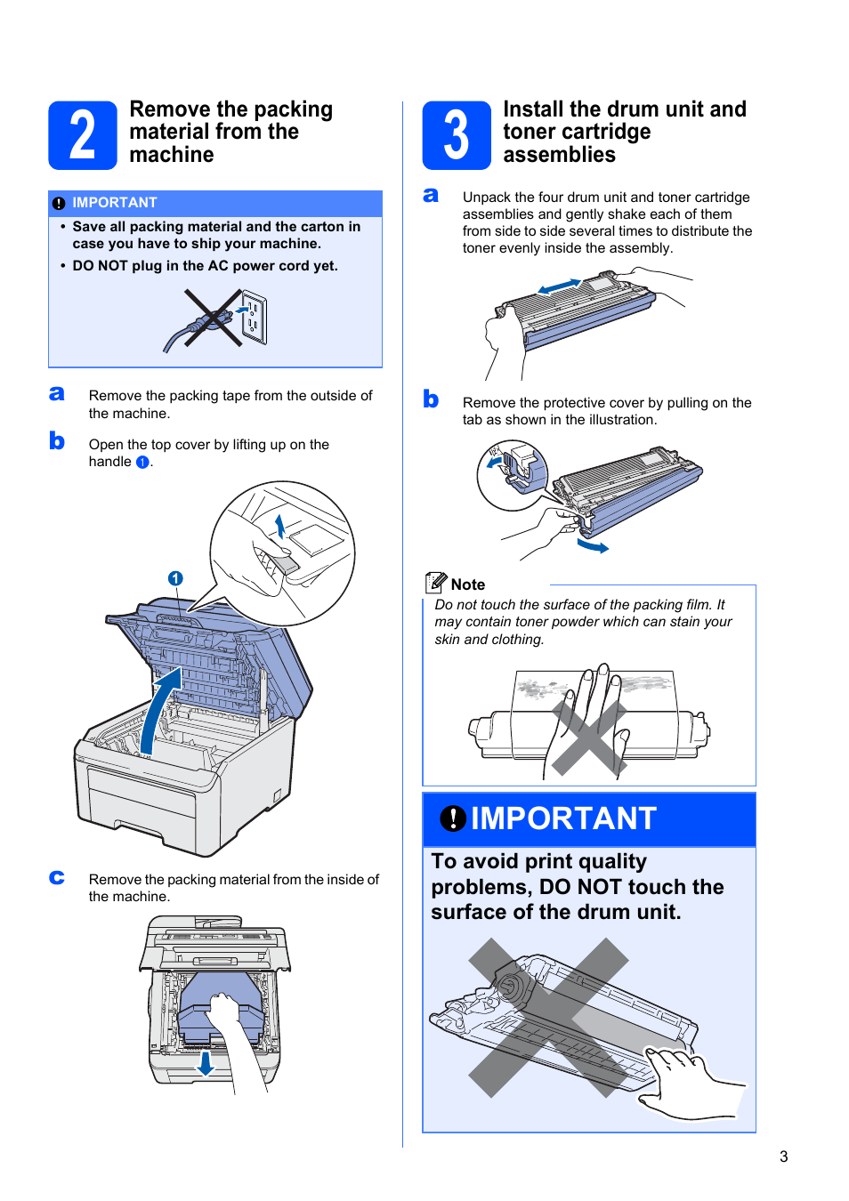 2 remove the packing material from the machine, Important | Brother MFC-9325CW User Manual | Page 3 / 47