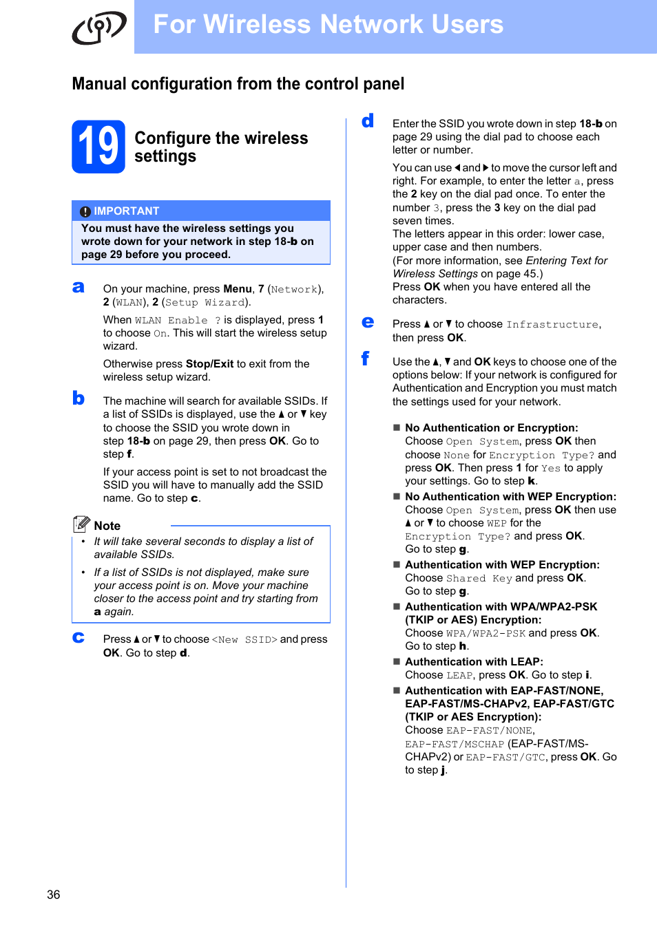 Manual configuration from the control panel, 19 configure the wireless settings, For wireless network users | Configure the wireless settings | Brother MFC-9325CW User Manual | Page 36 / 47
