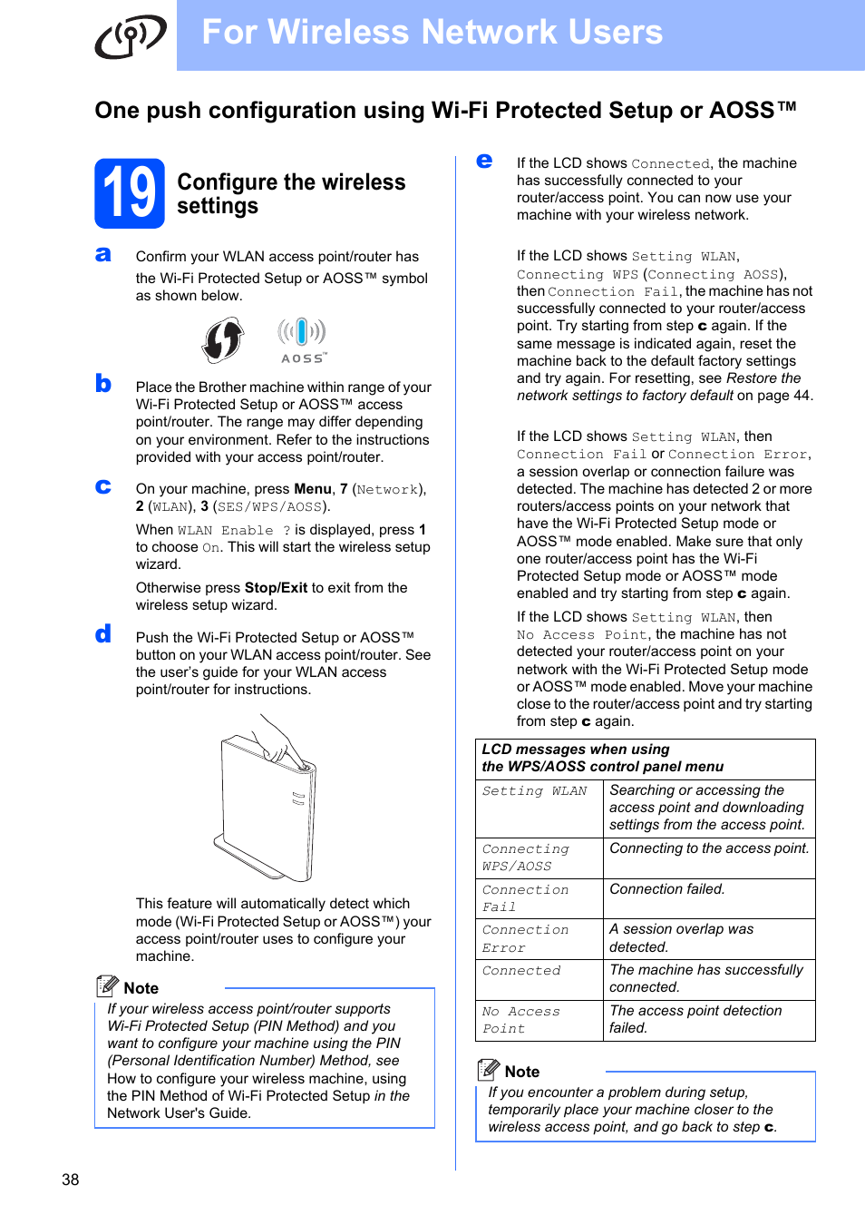 19 configure the wireless settings, For wireless network users, Configure the wireless settings | Brother MFC-9325CW User Manual | Page 38 / 47