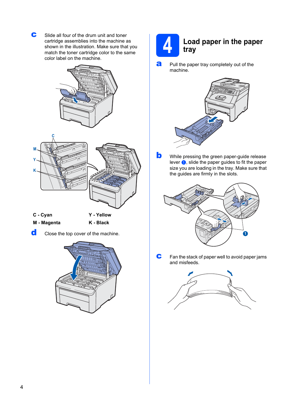 4 load paper in the paper tray, Load paper in the paper tray | Brother MFC-9325CW User Manual | Page 4 / 47