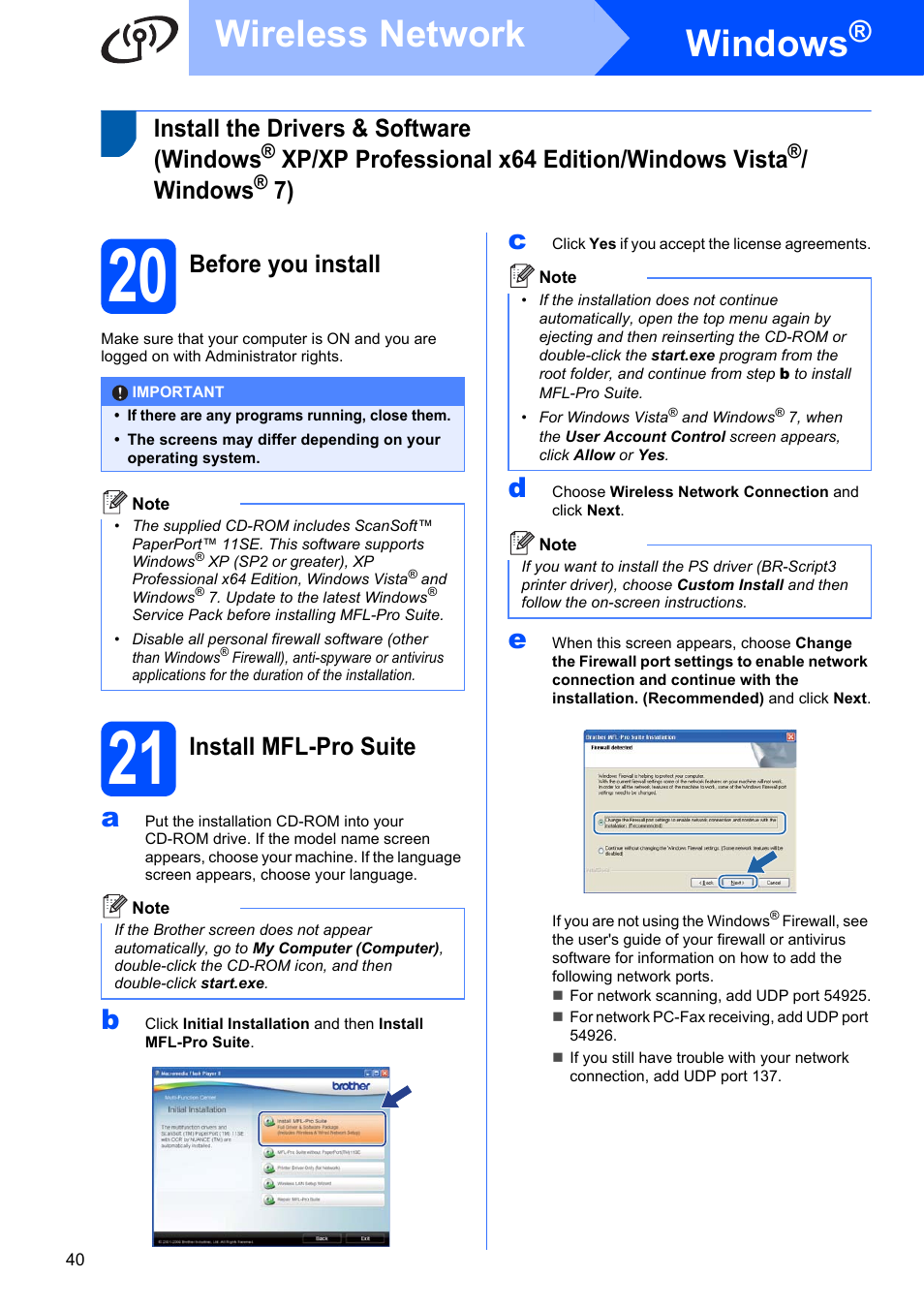 20 before you install, 21 install mfl-pro suite, Windows | Wireless network, Install the drivers & software (windows, Xp/xp professional x64 edition/windows vista, Before you install, Install mfl-pro suite | Brother MFC-9325CW User Manual | Page 40 / 47