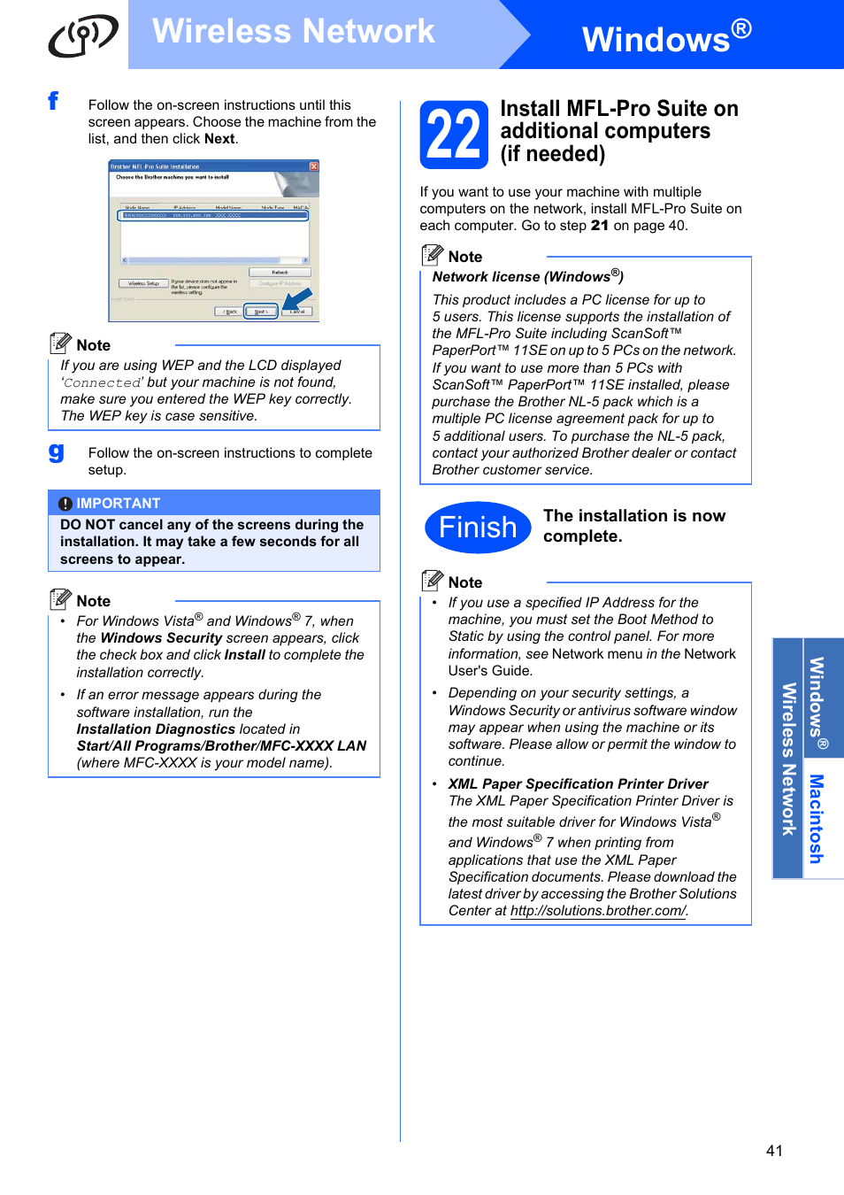 Step 21, Windows, Wireless network | Finish | Brother MFC-9325CW User Manual | Page 41 / 47