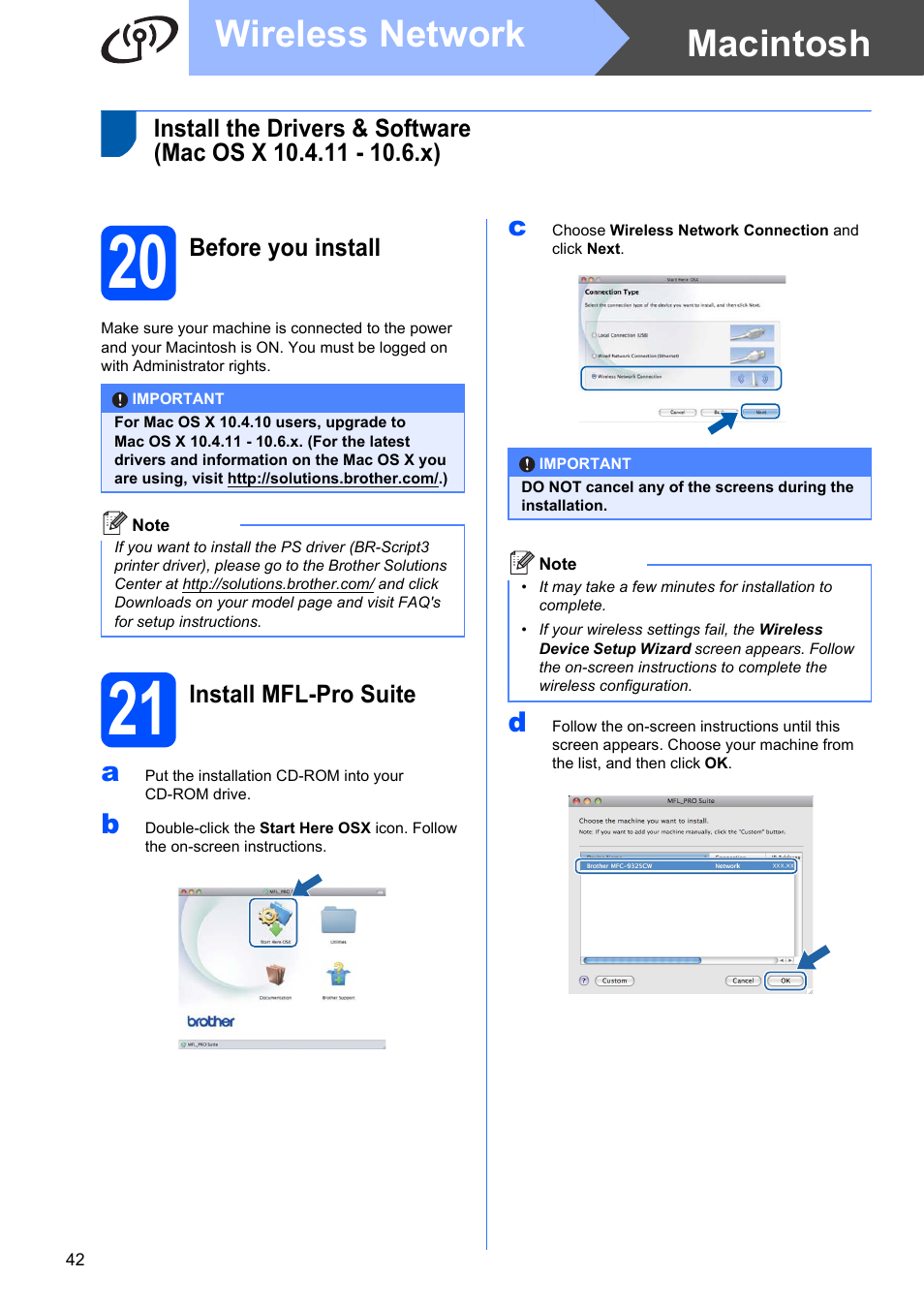 20 before you install, 21 install mfl-pro suite, Step 21 | Macintosh wireless network | Brother MFC-9325CW User Manual | Page 42 / 47