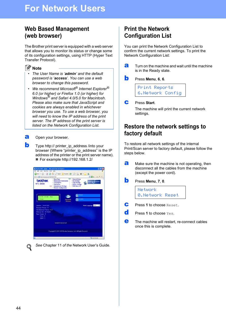 For network users, Web based management (web browser), Print the network configuration list | Restore the network settings to factory default | Brother MFC-9325CW User Manual | Page 44 / 47