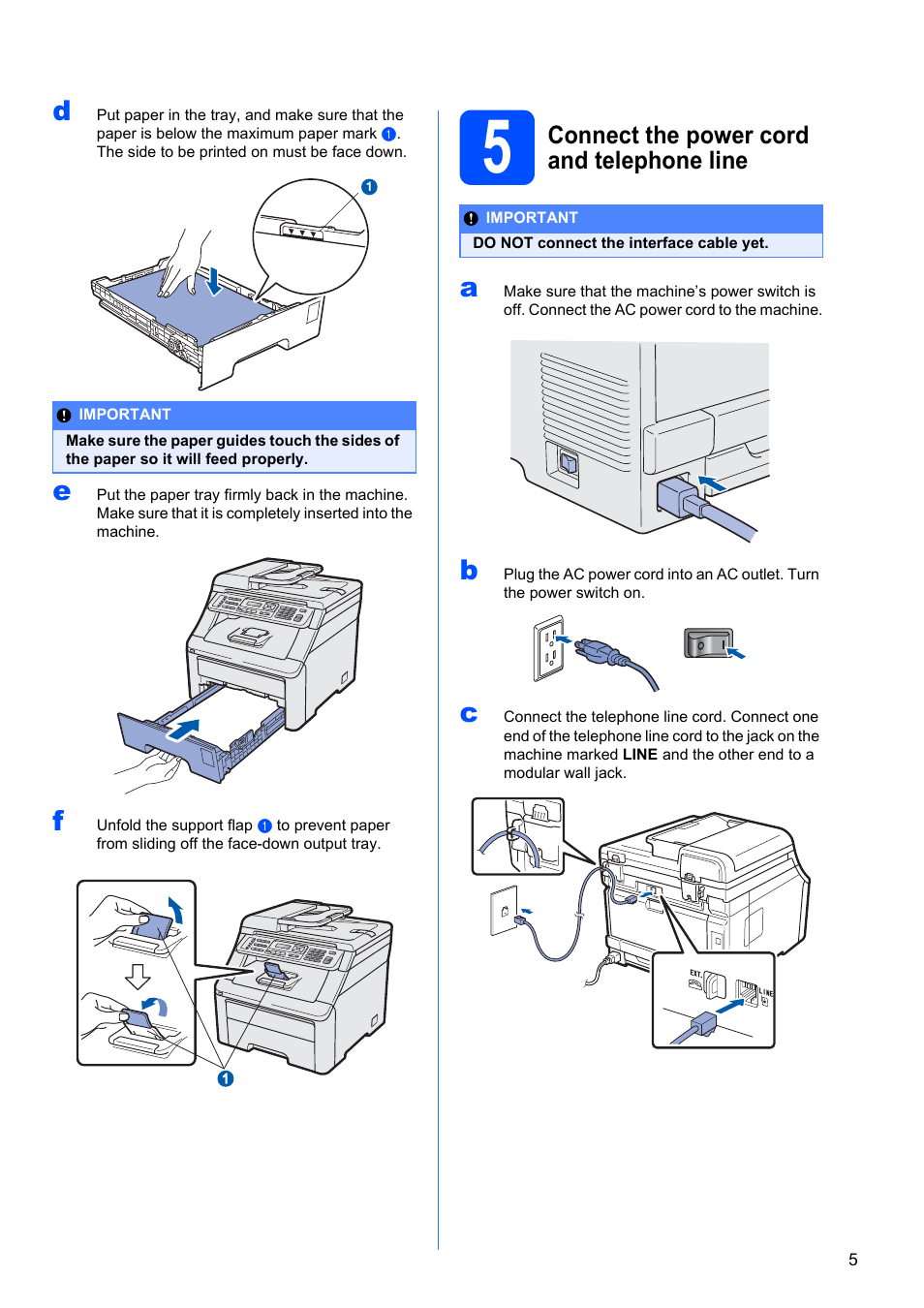 5 connect the power cord and telephone line, Connect the power cord and telephone line | Brother MFC-9325CW User Manual | Page 5 / 47