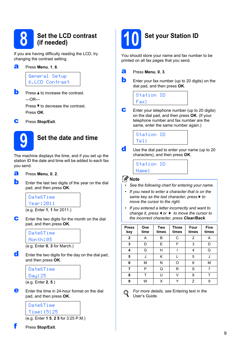 8 set the lcd contrast (if needed), 9 set the date and time, 10 set your station id | Set the lcd contrast (if needed), Set the date and time, Set your station id | Brother MFC-9325CW User Manual | Page 9 / 47