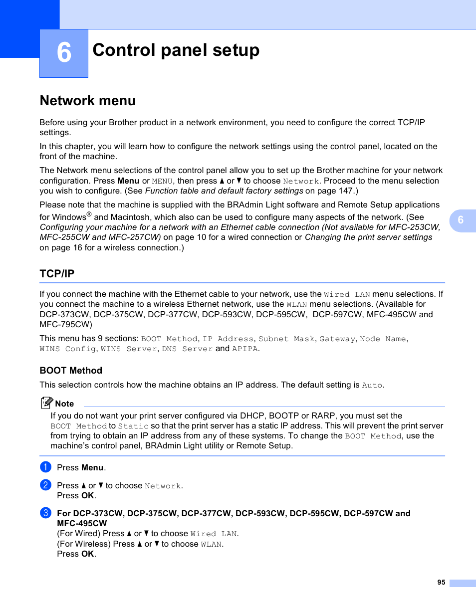 6 control panel setup, Network menu, Tcp/ip | Boot method, Control panel setup, Control | Brother DCP-395CN User Manual | Page 104 / 170
