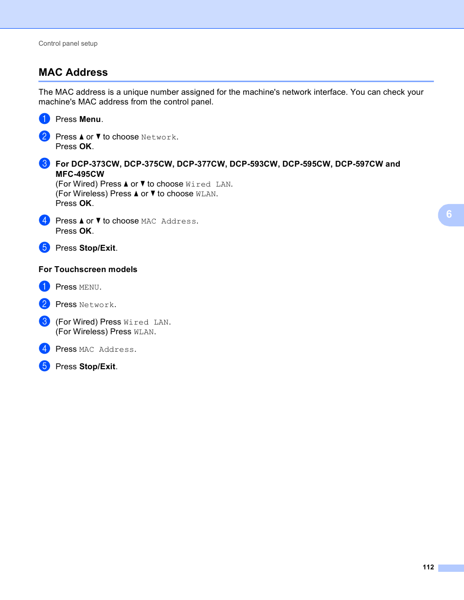 Mac address | Brother DCP-395CN User Manual | Page 121 / 170