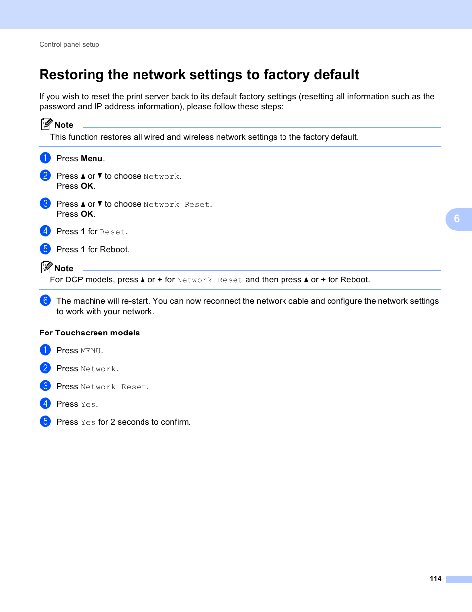 Restoring the network settings to factory default | Brother DCP-395CN User Manual | Page 123 / 170