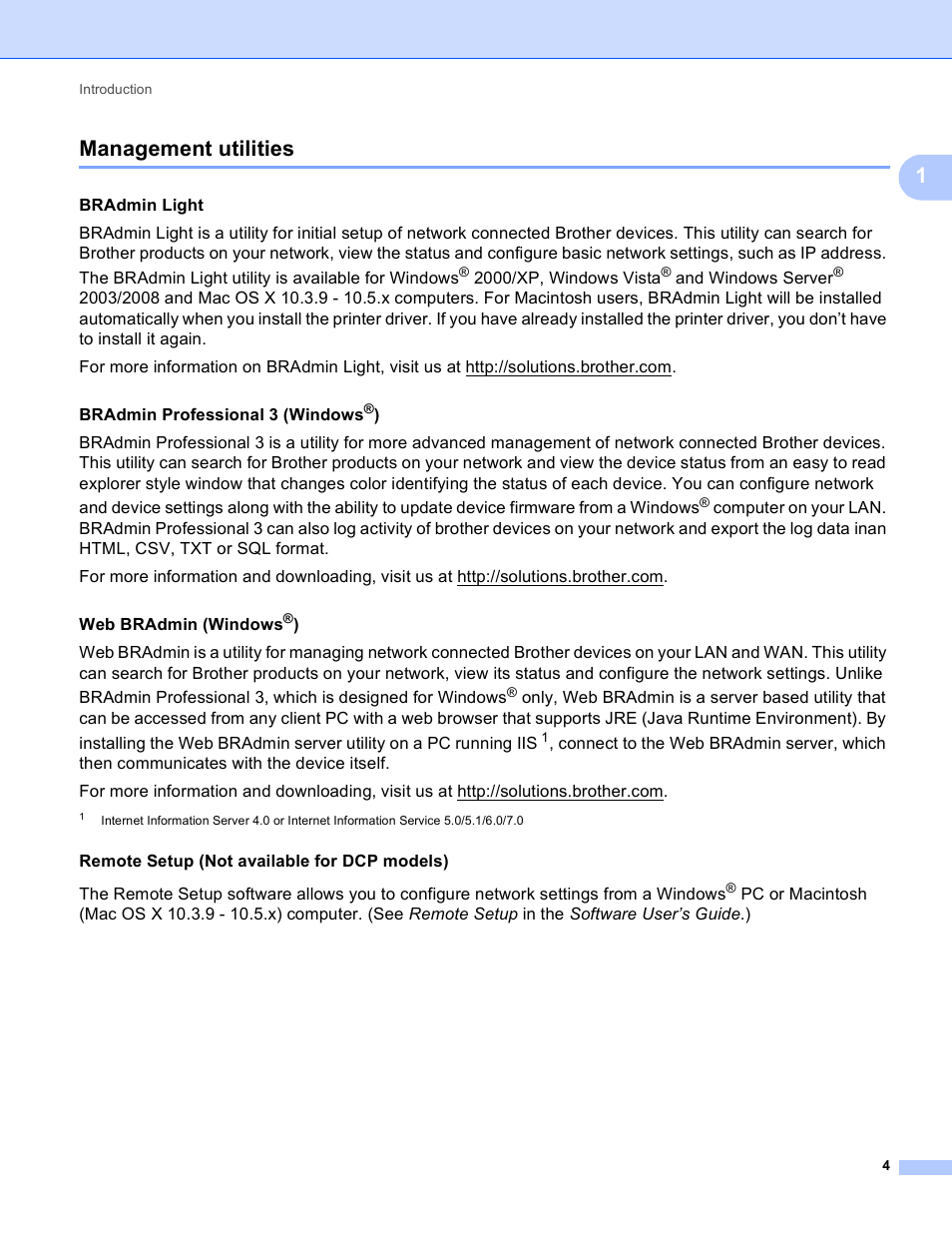 Management utilities, 1management utilities | Brother DCP-395CN User Manual | Page 13 / 170