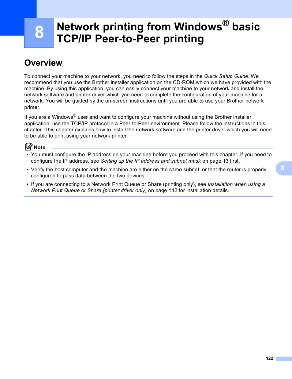 Overview, Network printing from windows, Basic tcp/ip peer-to-peer printing | Brother DCP-395CN User Manual | Page 131 / 170