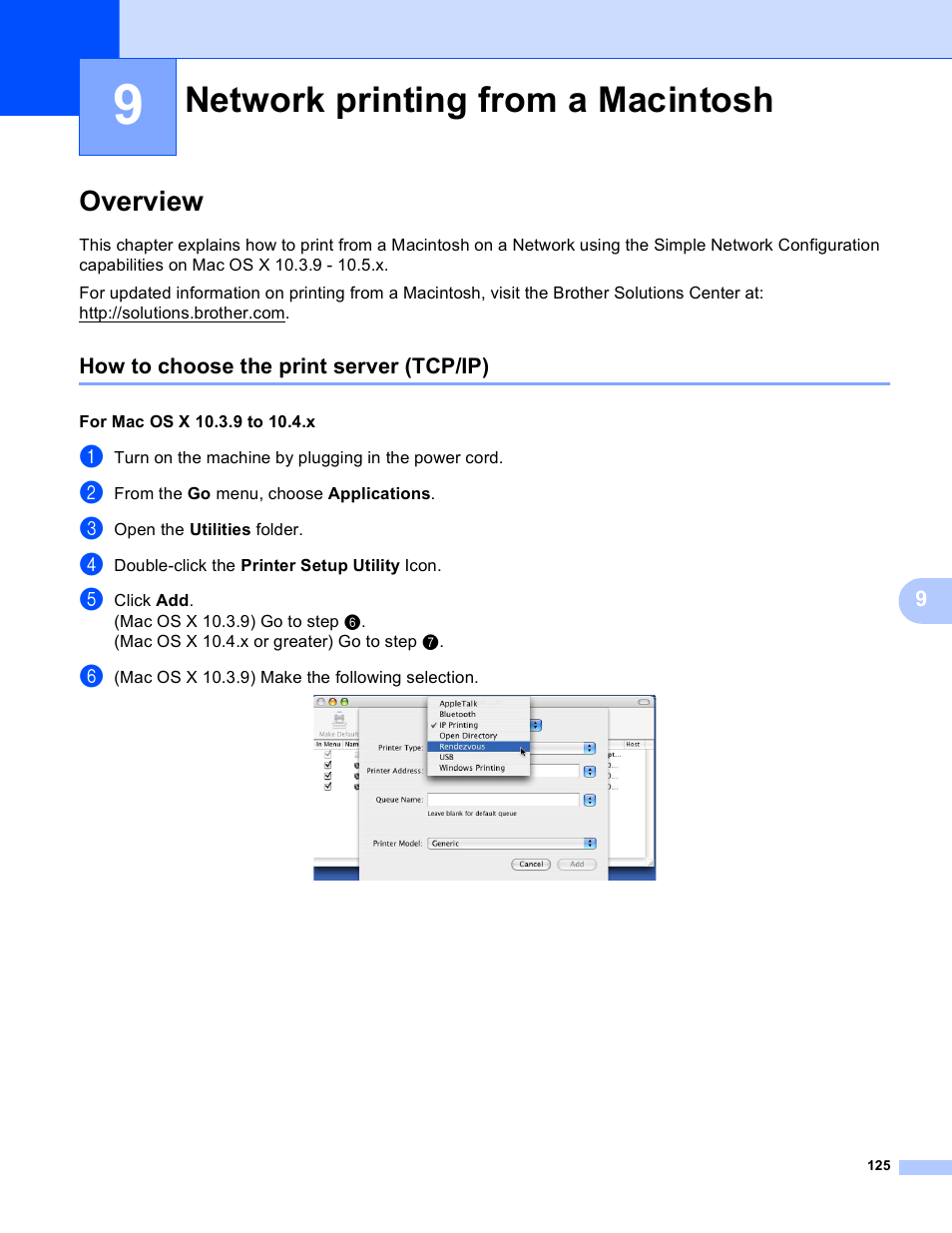 9 network printing from a macintosh, Overview, How to choose the print server (tcp/ip) | Network printing from a macintosh | Brother DCP-395CN User Manual | Page 134 / 170