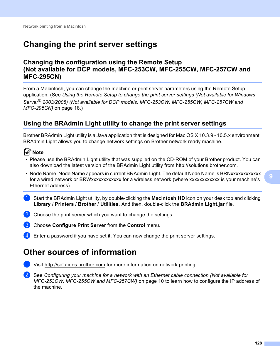 Changing the print server settings, Other sources of information, Mfc-253cw, mfc-255cw, mfc-257cw and mfc-295cn) | Brother DCP-395CN User Manual | Page 137 / 170