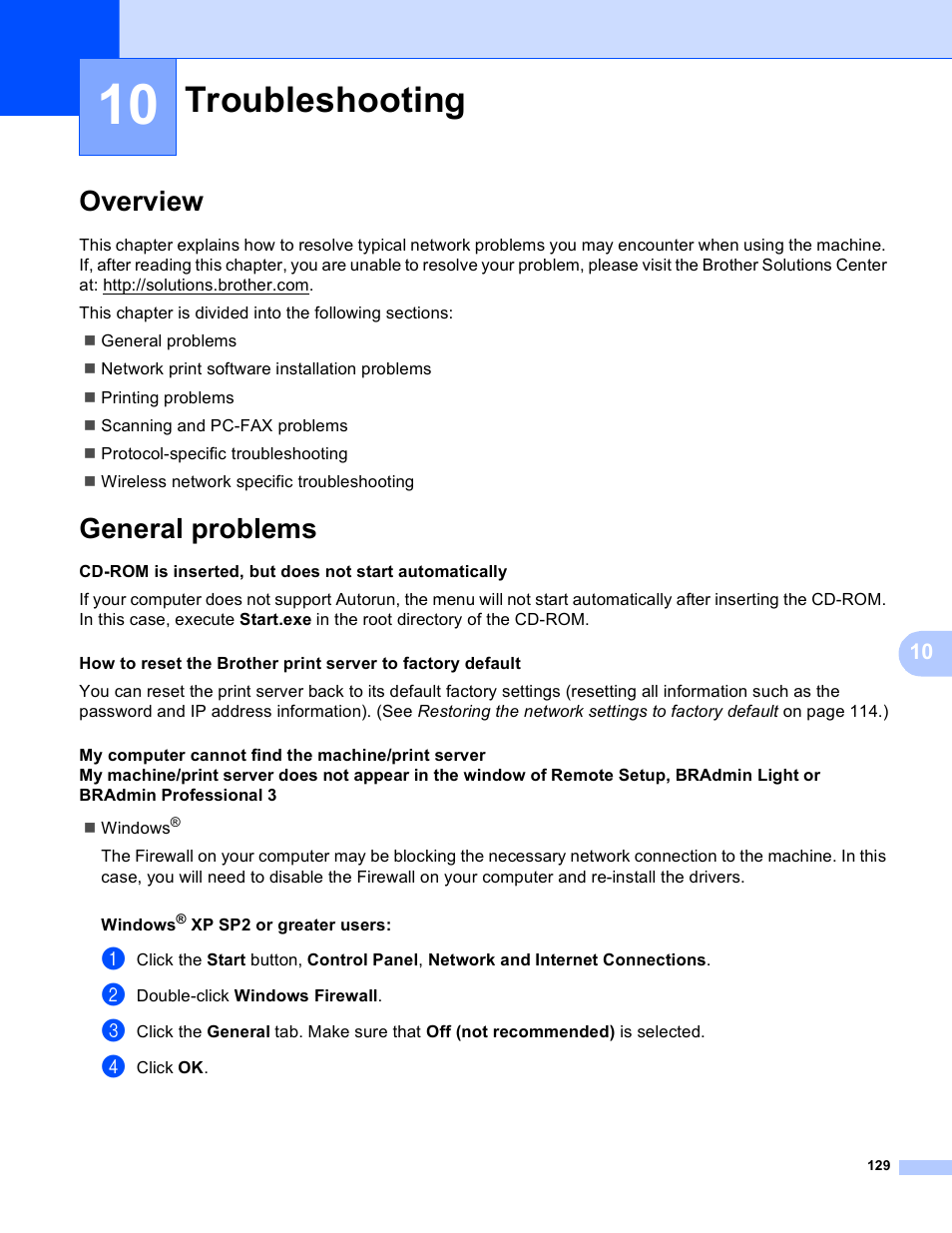 10 troubleshooting, Overview, General problems | Troubleshooting, Overview general problems | Brother DCP-395CN User Manual | Page 138 / 170
