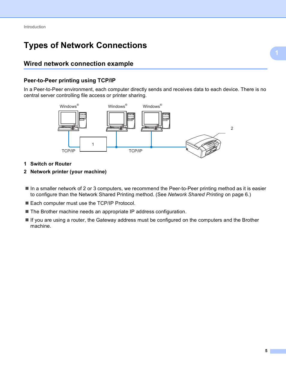 Types of network connections, Wired network connection example, Peer-to-peer printing using tcp/ip | Brother DCP-395CN User Manual | Page 14 / 170