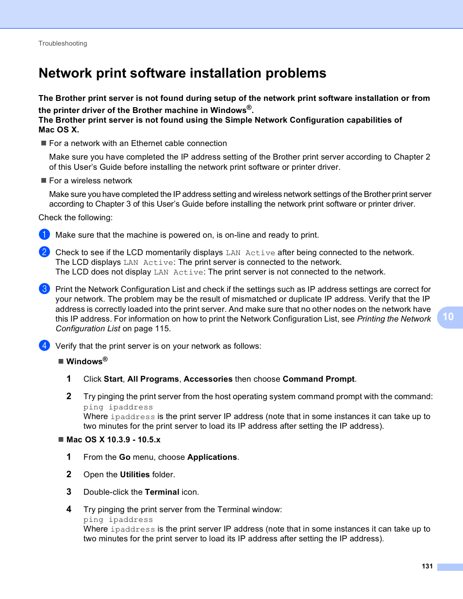 Network print software installation problems | Brother DCP-395CN User Manual | Page 140 / 170