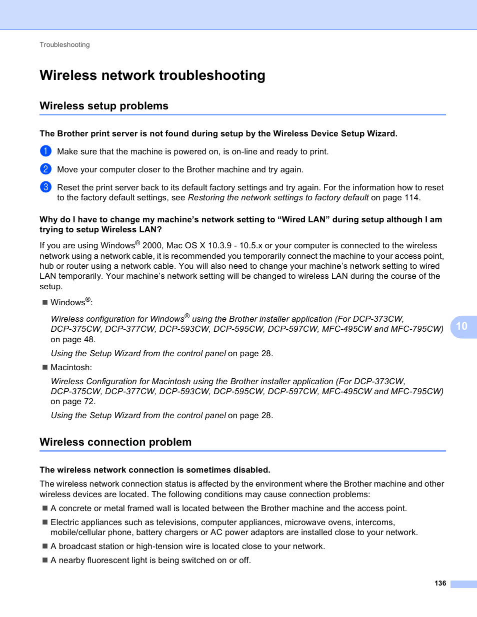 Wireless network troubleshooting, Wireless setup problems, Wireless connection problem | Brother DCP-395CN User Manual | Page 145 / 170